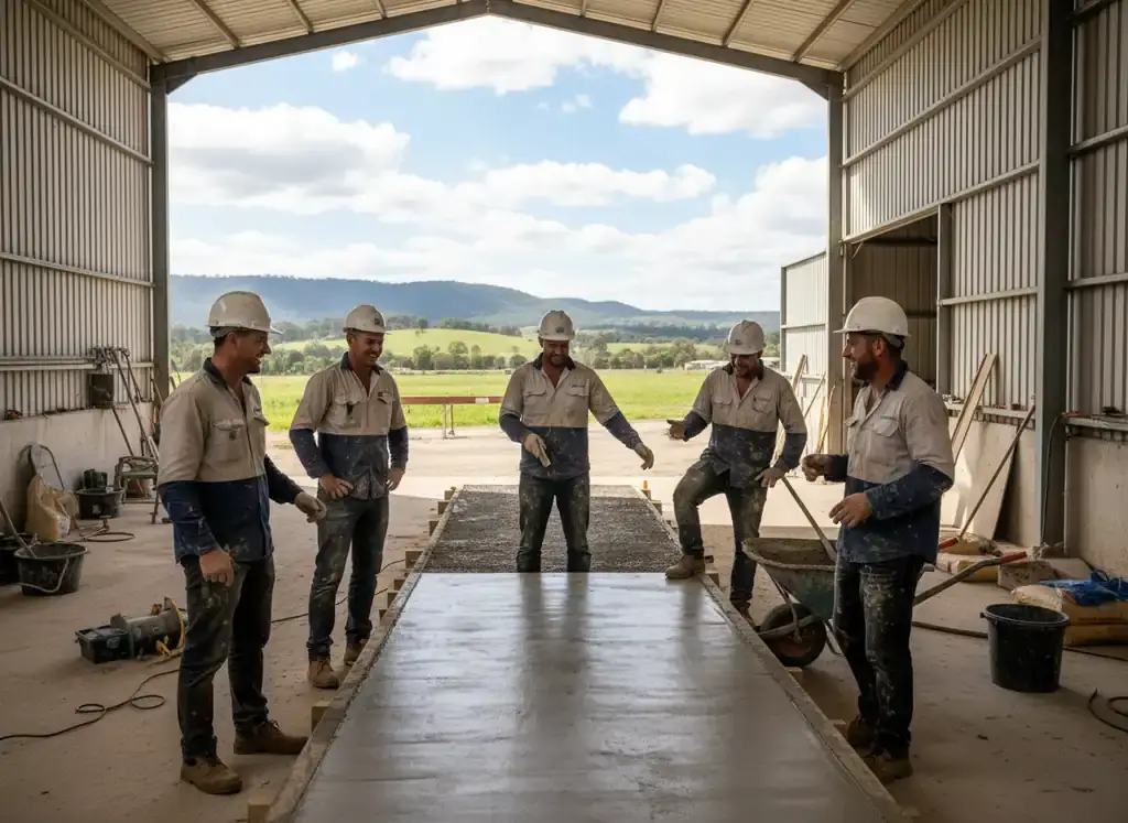 concreting toowoomba: five workers in hard hats and work shirts screeding a fresh concrete slab inside an open steel shed