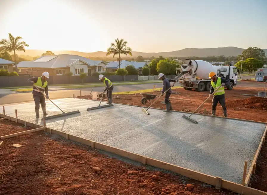 concreting toowoomba: workers screeding a wet concrete slab held by timber formwork in a suburban street with houses behind
