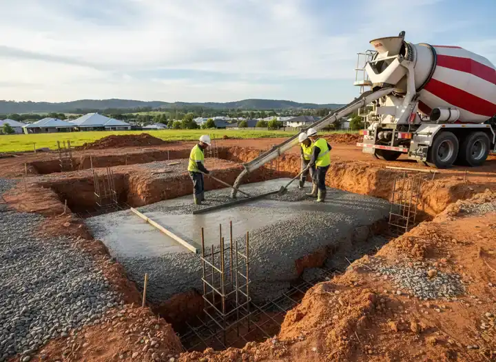 concreting toowoomba: workers placing concrete from a pump boom into an excavated pad with steel reinforcing cages