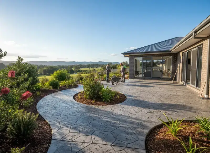 concreting toowoomba: grey stamped concrete path and patio curving past garden beds to a brick house with sliding glass doors