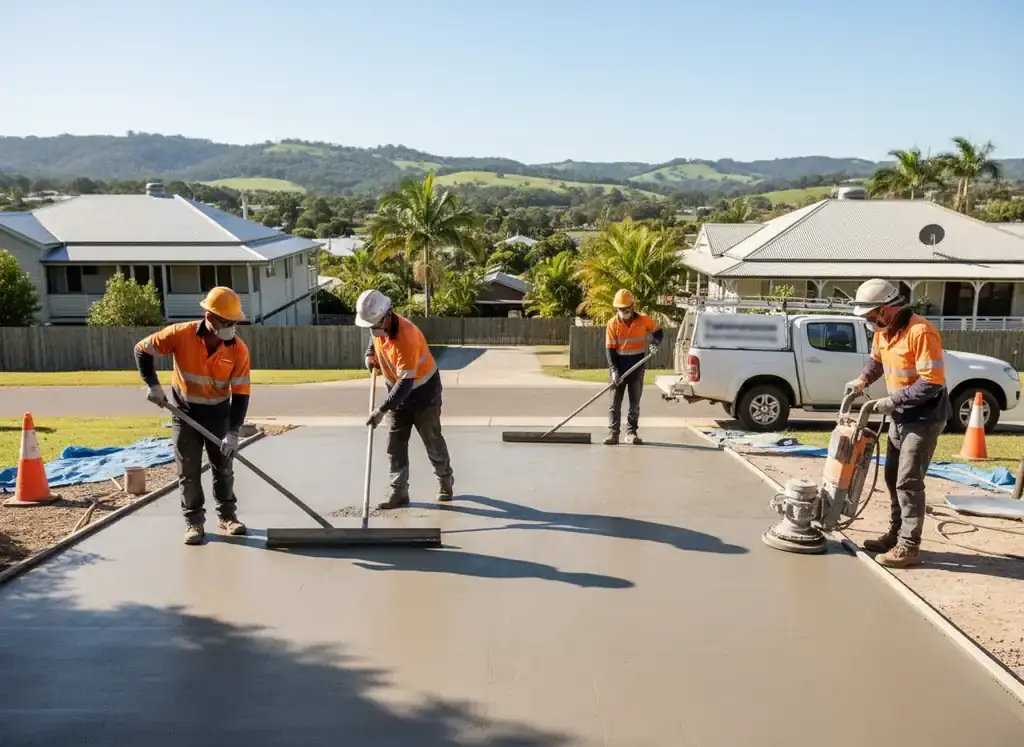 concreting toowoomba: worker in hi-vis operating a floor grinder on a concrete driveway while two others work the surface nearby