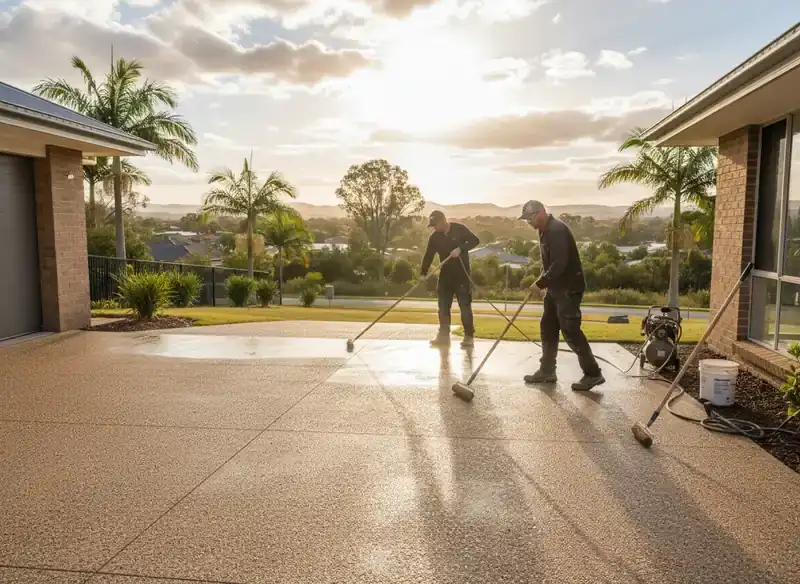 concreting toowoomba: two workers using long-handled applicators on a wet, glossy exposed-stone driveway beside a lawn and a hose