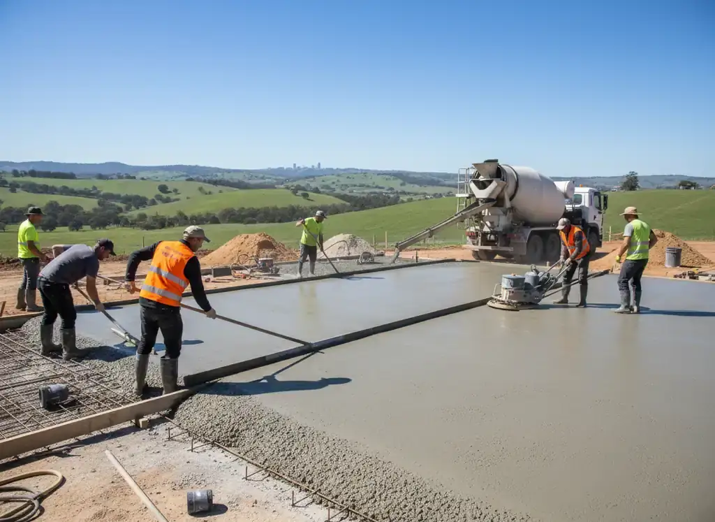 concreting toowoomba: workers screeding and power floating a fresh concrete slab beside a mixer truck on open rural land